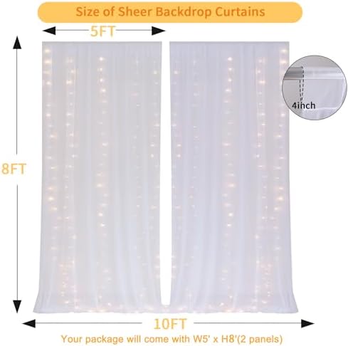 10 FT x 8 FT White Backdrop Curtain - Tulle Backdrop Curtain with 9.8FT Lights String - Sheer Backdrop Curtains with 4 Inch Rod Pockets for Birthday Weddings Baby Shower Celebration Party Decorations - Image 2