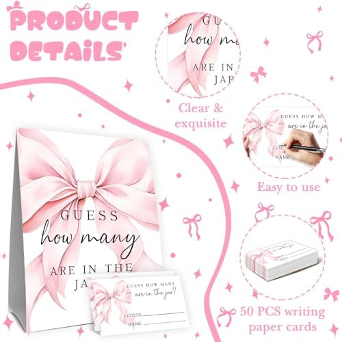 Pink Bow Baby Shower Decorations,Pink Watercolor Ribbon Minimalist Baby Shower Game,Guess How Many Bows are in the Jar,Birthday Party Game & Activities 50 Cards and Sign - Image 3