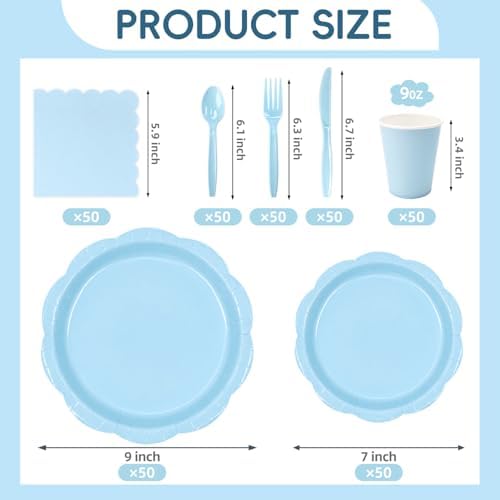 350 Pcs Blue Paper Plates and Napkins Party Supplies for 50 Guests, Food-Grade Thickened Disposable Tableware Set with Cutlerys, 7'' & 9'' Decagonal Plates for Boy Baby Shower Birthday Party - Image 4