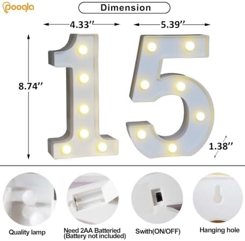 Pooqla Decorative LED Light Up Number Letters, White Plastic Marquee Lights Sign for Birthday Party Wedding Decor, Battery Operated (15) - Image 4