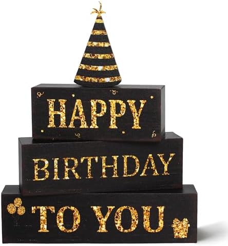 4 Pcs Birthday Wooden Decor, Black and Gold Birthday Table Decoration Gifts by Gleegreets