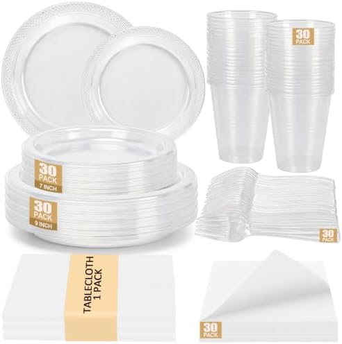 30Guests Clear Plastic Plates and Napkins Party Supplies for Birthday by UseOnceDoneRight