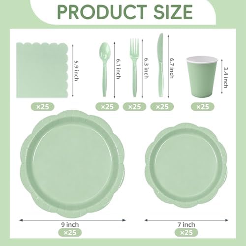 175 Pcs Sage Paper Plates and Napkins Party Supplies for 25 Guests, Food-Grade Thickened Disposable Tableware Set with Cutlerys, 7'' & 9'' Decagonal Plates for Engagement Party - Image 4