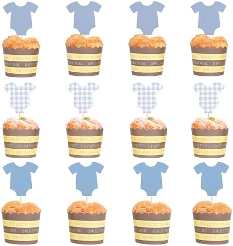 Blue Gingham Baby Shower Bodysuit Cupcake Topper,Blue Gingham Cake Topper - Image 3