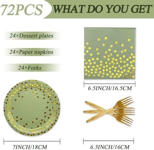 72PCS Sage Green Paper Plates and Napkins - Sage Green Gold Dots Tableware Set Include Dessert Plates,Napkins and Forks Disposable Decoration Supplies for Birthday Graduations Wedding Party,Serve 24 - Image 2