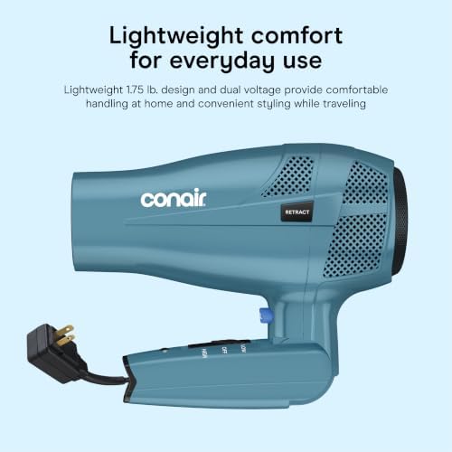 Conair Travel Hair Dryer, Dual Voltage, Folding Handle, 1875W, Blue - Image 6