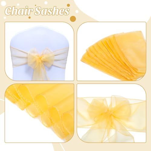 MDS Pack of 10 Organza Chair Sashes for Wedding & Event Décor – Gold - Image 4