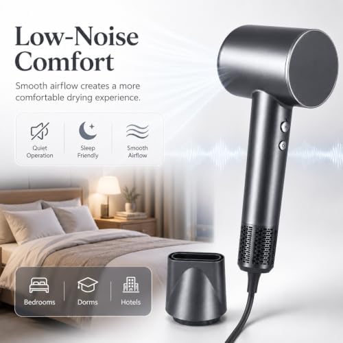 High Speed Hair Dryer Professional Ionic Blow Dryer 150000RPM Brushless Motor 1600W Fast Drying Negative Ionic Hair Dryer Lightweight Blow Dryer Quiet with Magnetic Nozzle for Women Grey - Image 6