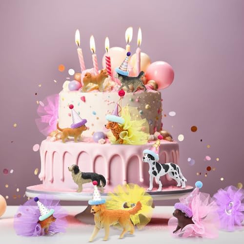 Weysat 27 Pcs Dog Cake Topper with Party Hats Pom Poms Animal Figures - Image 4