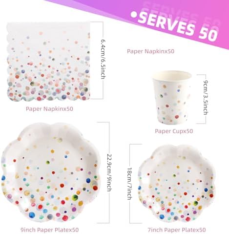 Colorful Birthday Plates and Napkins 200PCS Confetti Happy Birthday Party Plates Set Disposable Tableware Serve 50 for Art Paint Party Supplies Bubble Decorations-Colorful Paper Plates - Image 2