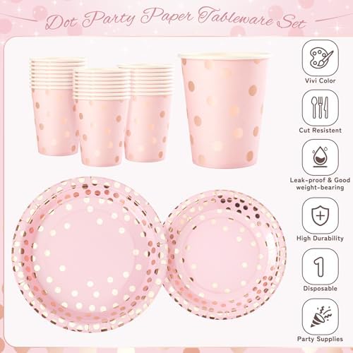Pink Rose Gold Dots Party Plates,168PCS Birthday Tableware Party Supplies - Image 3