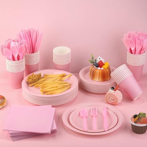 Kochorie 350 Pcs Pink Paper Dinnerware Set, 7 & 9 Inch Disposable Pink Dessert Plates Cups Napkins Cutlery Party Supplies for Birthday Wedding Baby Shower Party Decoration, Serve 50 - Image 4
