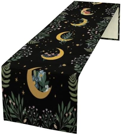 Moon Floral Table Runner Magic Moon Moonlit Flowers Stars Wildflower Botanical Natural Dinner Runner for Farmhouse Kitchen Dining Table Holiday Party Decoration 13"x70" by SHElifestyle
