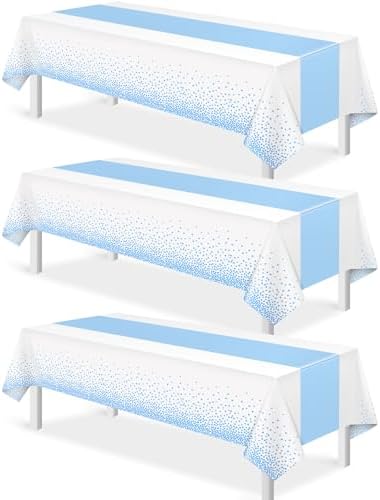 MASHAN 3Pcs White and Light Blue Tablecloth Party Decorations,Plastic White Table Cloth Printed Baby Blue Table Runner Disposable Rectangle Cover for Birthday Baby Shower Wedding Party,54 x108 Inch by MASHAN