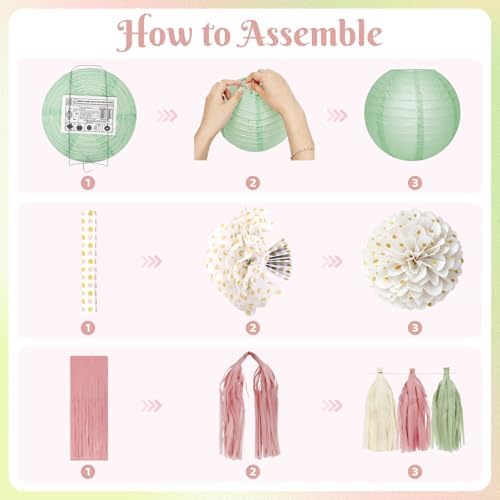 Sage Green and Pink Baby Shower Decorations with Banner Fringe Curtains - Image 3
