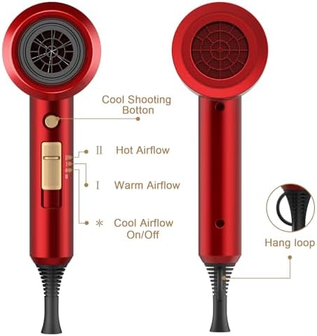 Slopehill Professional Ionic Hair Dryer, Powerful 1800W Fast Drying Low Noise Blow Dryer with 2 Concentrator Nozzle 1 Diffuser Attachments for Home Salon Travel (Agate Red) - Image 4