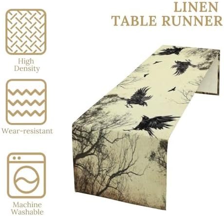 Gothic Crow Forest Table Runner, Halloween Flying Spooky Black Raven Crow Black Dark Wings Thriller Dinner Runner for Farmhouse Party Holiday Home Kitchen Dining Table Decor 13"x108" - Image 4