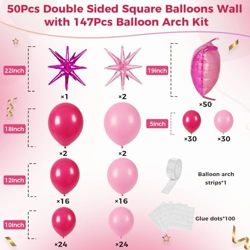 50pcs Hot Pink and Pink Square Foil Balloons Wall Backdrop with 147pcs Balloon Garland Arch Kit, Double Sided Balloon Tunnel for Anniversary Bachelorette Birthday Valentines Party Decorations - Image 2