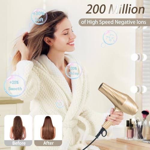 Ionic Hair Dryer,2400W Negative Ion Low Noise Hair Dryer Professional Fast Drying Hair Dryers with 2 Speeds, 3 Heat Settings, Cooling Button,with Diffuser for Curly and Straight Hair（Champagne Gold） - Image 3
