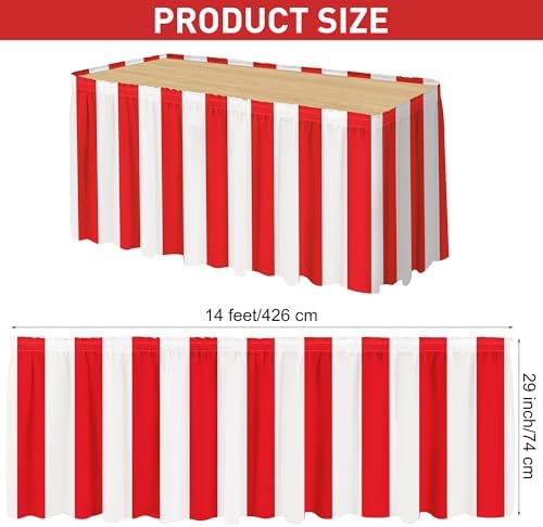 durony 8 Packs Red and White Striped Table Skirt Circus Theme Party Supplies Carnival Table Skirt for Carnival Home Party Decoration, 165 x 30 Inches - Image 2