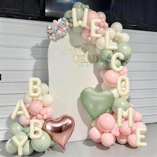 Pink and Green Baby Shower Decorations, WELCOME BABY Letter Foil Balloons Banner Backdrop Set with Sage Green Rosa Gold Cream Beige Latex & Heart Balloon for Newborn Infant Gender Reveal Party Decor - Image 4