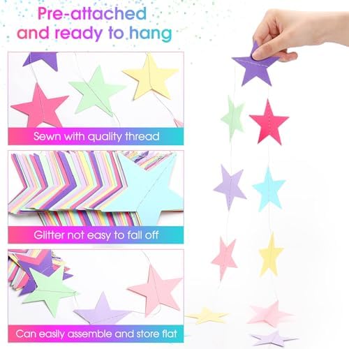 Patelai Macaron Color Glitter Star Garland Banner 2026 New Years Decor 130 Feet Rainbow Candy Themed Star Hanging Banner Twinkle Backdrop for Baby Shower Easter Birthday Classroom Party Supplies - Image 3