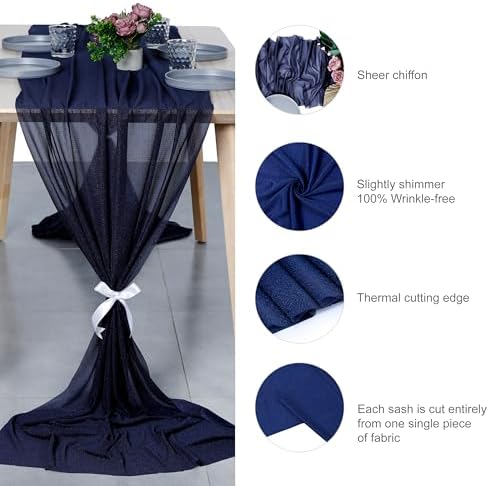 Pack of 5 Chiffon Table Runners 29 x 120 Inch, 14FT Long - Navy Blue - Image 6