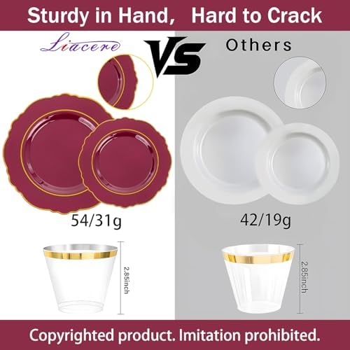Liacere 350PCS Red Plastic Plates-Disposable Burgundy Red and Gold Plates 50guest Baroque Plastic Dinnerware include 100Plates, 50Pack Pre Rolled Napkins with Silverware 50Cups for Party & Halloween - Image 3