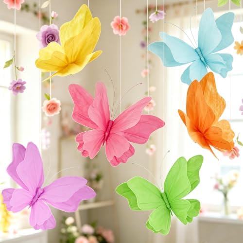 SUNBEAUTY 3D Hanging Butterfly Decorations, Butterfly Birthday Party Decorations, 6Pcs Colorful Paper Butterflies Wall Decor for Classroom Decor Girls Women Wedding Baby Shower Flower Garden Decor - Image 3