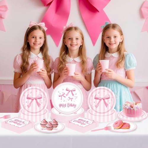 REDWORD Pink Bow Birthday Decorations, 96Pcs Bow Party Tableware Plates Napkins Forks for Pink Birthday Girls Bachelorette Party Decorations-Serves 24 - Image 7