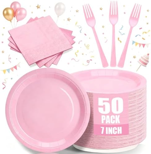 Light Pink Party Plates and Napkins, Include 7’’ Disposable Paper Dessert Plates Napkins Forks Party Supplies for Baby Shower, Wedding, Birthday Party Decorations for Serves 50 by CENLBJ
