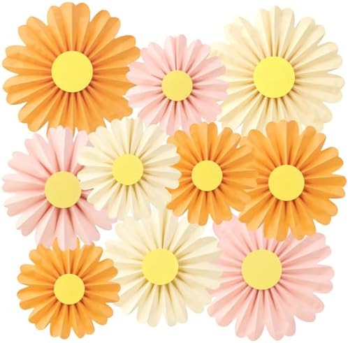 SUNBEAUTY 10 Pcs Daisy Paper Flowers Decorations Pink and Orange Flower Party Decorations Paper Fans Decor Hanging Paper Fans for Birthday Wedding Baby Shower Spring Garden Party Bulletin Board by SUNBEAUTY