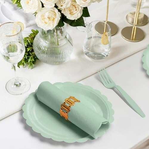 105PCS Sage Green Paper Plates & Napkins Set,7inch Scallope,with Forks - Image 3