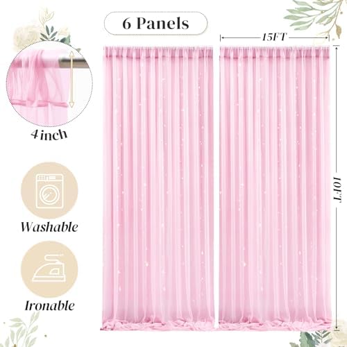30ft x 10ft Pink Backdrop Curtain with Lights String for Parties, Sheer Tulle Wedding Photo Backdrops Drapes for Baby Shower Birthday Party Decorations Background for Photography - Image 5