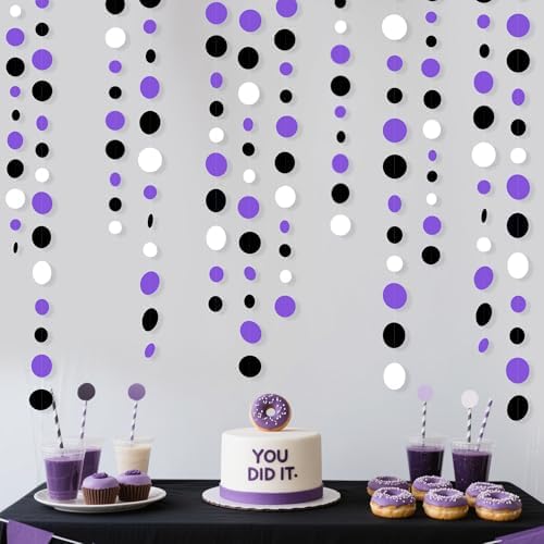 46Ft Purple Black Circle Dots Garlands Black Purple and White Polka Dot Hanging Paper Streamer Banners for Birthday Graduation Wedding Bridal Shower Halloween Party Decorations Supplies - Image 3