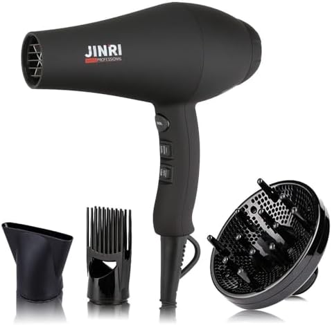 JINRI Hair Dryer, 1875W, 3 Heat & 2 Speed, with Diffuser, with Concentrator, Ionic Technology & Infrared - Black, Detachable Air Intake, Hanging Strap, Non-Foldable, 125V, JINRI-104 by Jinri
