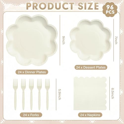 96 Pcs Ivory Paper Plates and Napkins Set Cream Party supplies for 24 Guest Including Beige Scalloped Disposable Dessert Paper Plates Napkin Plastic Fork for Baby Shower Bridal Shower Wedding - Image 2