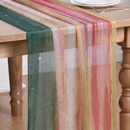 Artoid Mode Boho Green Red Stripes Christmas Chiffon Table Runner 120 Inches 10FT,Seasonal Fabric Kitchen Dining Holiday Table Decor for Home Party by ArtoidMode