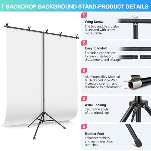 White Backdrop with Stand for Photoshoot, 5X7ft White Photo Backdrop with T Shape Background Backdrop Stand for Photography, Portable Photo Backdrop Curtain Stand Kit w Carrying Bag 5 Spring Clamps - Image 6