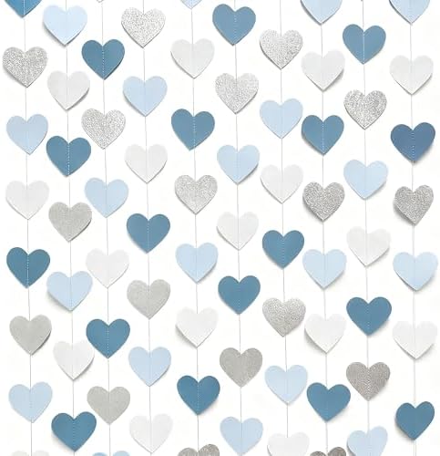 Silver Blue White Heart Party Decorations Dusty Blue Glitter Paper Silver White Love Heart Hanging Garland Streamer Banner for Birthday Valentines Day Anniversary Wedding Shower Party Supplies - Image 4