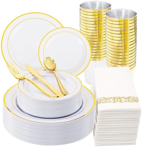 WDF 175PCS White and Gold Plastic Plates - Gold Plastic Plates - 25 Guest Thanksgiving Disposable Dinnerware Sets Include 50 Plate, 25 Cutlery, 25 Napkins and 25 Cups for Party/Thanksgiving/Wedding by WDF