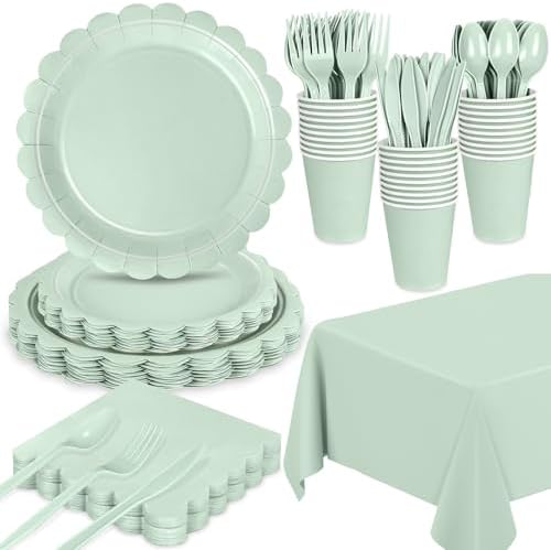 176 Pcs Sage Green Tableware Set for 24 Guests, Plates Cups Napkins Cutlery by WNINK