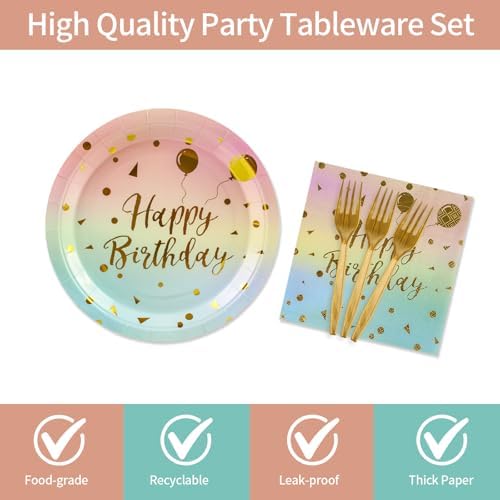 48PCS Happy Birthday Plates and Napkins Party Supplies, Colorful and Gold Disposable Paper Plates and Napkins with Forks Tableware Set for Birthday Party Decorations 16 Guests (Colorful) (Pack of 2) - Image 3