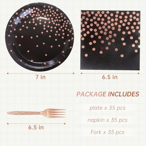 Serve 35 Guests Black and Rose Gold Paper Plates and Napkins Party Supplies - Image 2