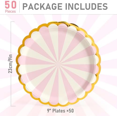 50 Pcs Pink Party Paper Plates with Gold Scalloped Edge, Pink Disposable 9 inch Scalloped Paper Dessert Plates Party Supplies for Birthday Bridal Shower Picnic, Striped - Image 2