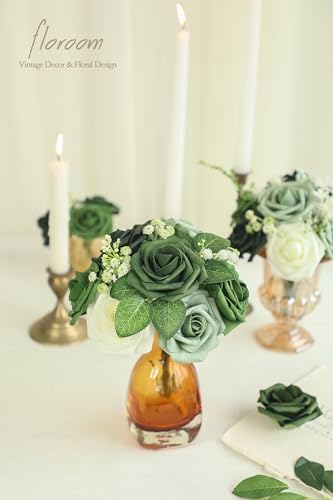 Floroom Artificial Flowers 25pcs Real Looking Forest Green Ombre Colors Foam Fake Roses with Stems for DIY Wedding Bouquets Bridal Shower Centerpieces Sage Green Floral Arrangements Decorations - Image 4