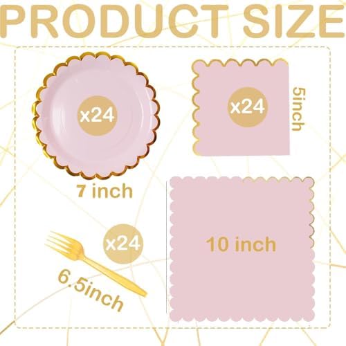 Pink & gold mix scalloped party plates with napkins and fork gold foil border, 24 Guest Pink disposable Tableware Set Party Decoration for Birthday Coquette Bridal Baby Shower Valentines - Image 5