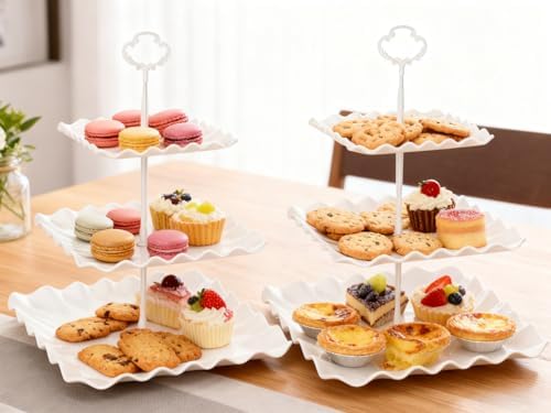 2 Pack of White Square Dessert Cupcake Stand, 3 Tiered Plastic Serving Tray - Image 6