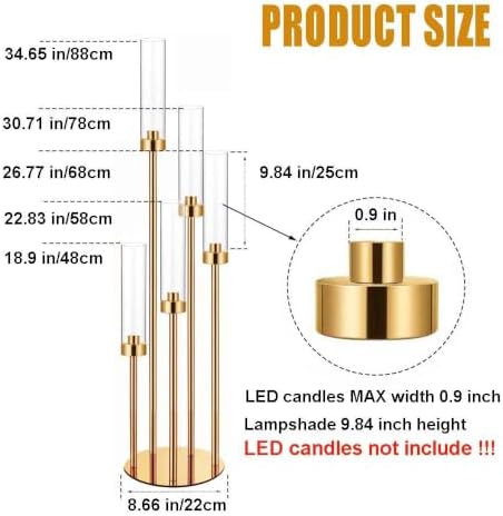 35in 2 Set Gold Candelabra Candle Centerpieces for Tables Candlesticks Holder Wedding Centerpieces Table Decorations Acrylic lampshade Fit 0.9" LED Candle 5 arm - Image 4