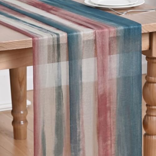 Artoid Mode Boho Blue Red Stripes 4th of July Chiffon Table Runner 120 Inches 10FT,Seasonal Fabric Kitchen Dining Holiday Table Decor for Home Party by ArtoidMode